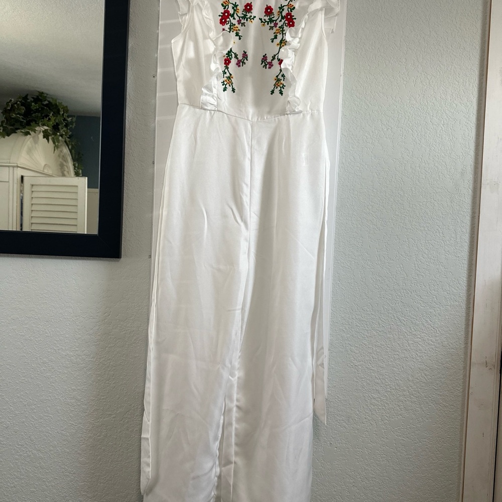 SHEIN White and Red Floral Lace Jumpsuit
